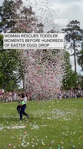 A woman whisked away a boy who ran into the center of a field during an Easter egg drop. Video shows the young child running to the field in Tallahassee, Florida, where a crane dropped hundreds of plastic eggs. The woman saw him, rushed in and hauled him out of the way, narrowly avoiding that avalanche of eggs. #WorldNewsTonight #Florida #Easter #Eastereggdrop #rescue