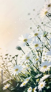 Spring flower footage of glowing daisies bask in sunlight, with a soft focus on distant flowers, conjuring a serene, dreamy meadow scene, suggesting themes of spring renewal and natural beauty