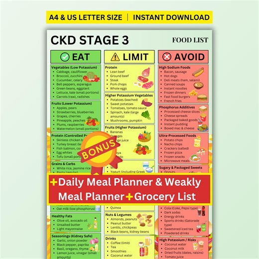 CKD Stage 3 Food List Printable, Stage 3 Kidney Disease Food List, CKD Diet Eat Limit Avoid Chart, Kidney Safe Foods - Etsy