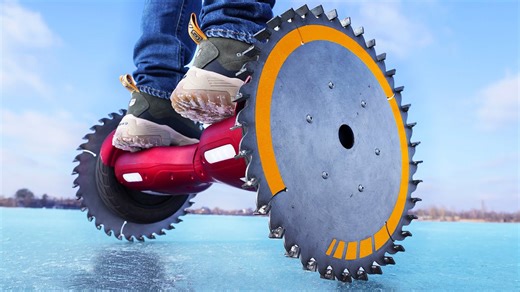 Turning a hoverboard into an ice glider with saw blade wheels!