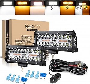 NAOEVO LED Bar Strobe Light 7inch, 6 Modes Amber White With Memory Function, Off Road Fog Driving Work for Truck Boat ATV UTV, 16AWG 12FT Wiring Harness Kit - 2 Leads