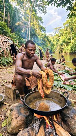 Baka Tribe Feast: Crispy Fried Python 🐍🔥 #tribalfood #triballife #shorts