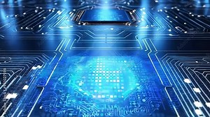 AI video generation. The scheme of the central processor against the background of futuristic technology. Data transfer in the board chip, Close-up animation of a virtual computer in 4K format