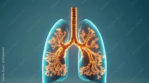 Human lung anatomy with glowing bronchial tree and trachea, detailed respiratory system illustration showing bronchi, airway structure, and lung organ in medical concept of human body anatomy
