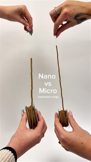 Hair Made Easi on Instagram: "Nano vs Micro Rings: What’s the difference? ✨ Nano Rings = 90% smaller than a micro, making them almost invisible in the hair. Nano rings are used for nano bond and nano weft extensions. They’re perfect for precision work and clients with finer hair. ✨ Micro Rings = larger and stronger, they are used for micro bond and weave extensions. They’re ideal for thicker hair, offering stronger hold and quicker fitting. Both methods are kind to the hair with no heat or glue,