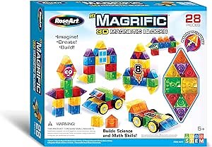 Cra-Z-Art Magrific 3D Magnetic Blocks 28 Piece Set - Colorful Magnet Building Tiles with 3D Blocks, Vehicle Wheels - STEM Skills