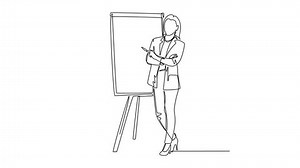 Self drawing animation single line draw young pretty female presenter thinking while doing presentation at office during meeting. Work presentation concept. Continuous line draw. Full length animated