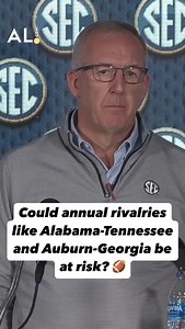 Could annual rivalries like Alabama-Tennessee and Auburn-Georgia be in danger of ending? With the SEC seemingly unwilling to commit to adding a ninth conference football game until it has clarity about upcoming changes to the College Football Playoff, doomsday might be arriving soon for some of the league’s most storied rivalries. Among them: Alabama and Tennessee’s Third Saturday in October game. Speaking to reporters at SEC spring meetings, league commissioner Greg Sankey was asked whether the