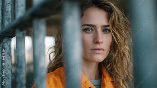 Female prisoner wearing orange uniform, standing close to cell bars, eyes wide with fear, low-key lighting highlighting textures of uniform and metal bars
