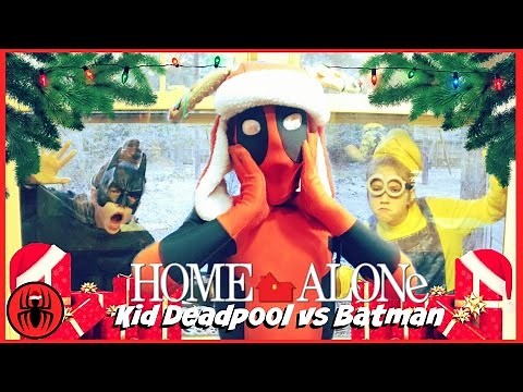 Kid Deadpool vs Batman Burglar Home Alone Opening Christmas Presents real life movie SuperHero Kids