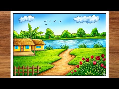 Easy Village Landscape Drawing for Beginners | Colorful Village Life Scenery Drawing Tutorial