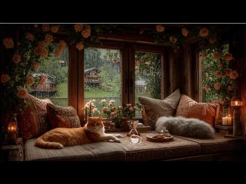 Tranquil Spring Rain Window Cabin | Gentle Jazz Melody & Forest Ambience for Deep Sleep, Relaxation