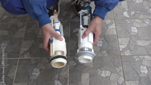 a plumber shows old and new drain valves for a toilet, Comparison of two types of drain fittings for a toilet cistern, a master chooses a reliable mechanism for repairing a cistern