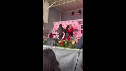 Backdrop falls almost hits Nina Dobrev at TVD convention in Covington, Georgia