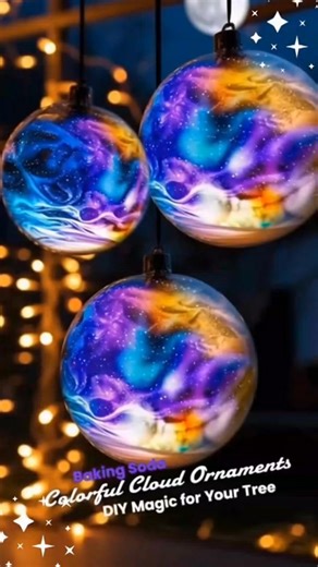 🌈 Baking Soda “Colorful Cloud” Ornaments – Magical Swirls for Your Tree! ✨🎄 🎨 What You’ll Need: Clear plastic or glass ornaments (fillable) Baking soda Clear hair gel or glycerin Liquid watercolors or food coloring Cotton swabs or toothpicks Small funnel Ribbon or string 🎀 🪄 **How to Make It:** 1️⃣ Add 1–2 teaspoons of baking soda to the bottom of your ornament using a funnel—this becomes your soft, cloud-white base. ☁️ 2️⃣ Squeeze in a tablespoon of clear hair gel or glycerin. This helps c