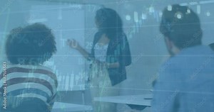 Animation of data processing and statistics over diverse businesspeople in office