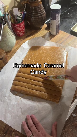 This is possibly the best caramel I have ever put in my mouth 🤤 2 sticks butter 4 cups sugar 2 cups karo syrup ( I used pancake syrup, but you can use light) 2 cans of evaporated milk Mix and heat first 3 ingredients until boiling. Very very slowly added evaporated milk. Boil until about 240 degrees stirring constantly. Pour on parchment paper and cool. 3 things to note. If it’s a rainy day it may not set. It will burn very quickly, it will burn you very quickly if your skin touches it. #carame