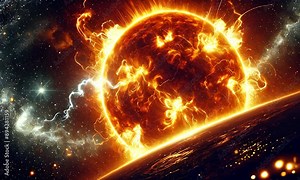 the sun massive explosion with fiery flares and intense brightness. The image captures the raw power and energy of a solar event, with the sun dominating the dark space background