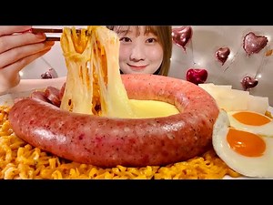 ASMR Cheese Fire Noodles with Sausage【Mukbang/ Eating Sounds】【English subtitles】