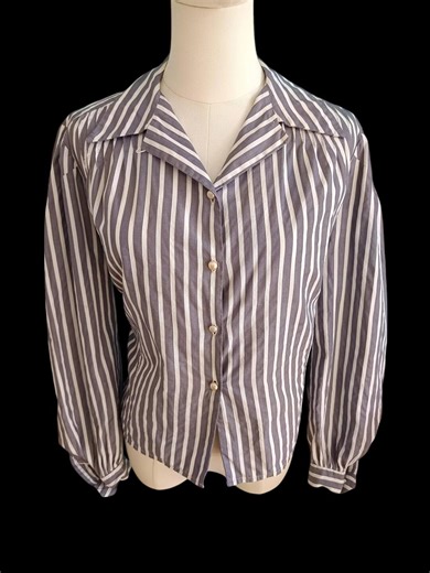 1940s Beth Beautiful Bombshell Blouse / Vintage 40s Grey + White Striped Cotton Shirt - Etsy