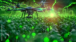 A remote control drone flies over a vast green field in black and white, A abstract representation of drones delivering nutrients to crops in a high-tech irrigation setup