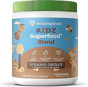 Amazing Grass Kidz Superfood: Organic Greens, Fruits, Veggies, Beet Root Powder & Probiotics for Healthy Kids, Outrageous Chocolate, 30 Servings, 6.35 Ounce (Pack of 1)