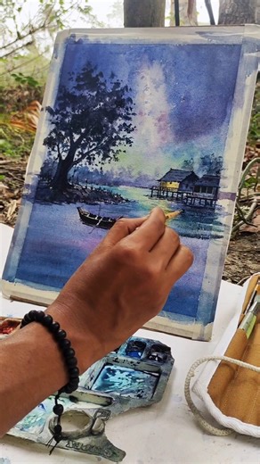 How to draw a watercolour night scenary/easy Watercolour for beginners #watercolor #artshorts #art