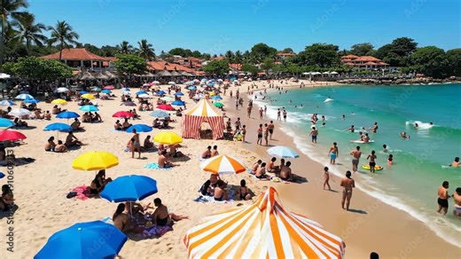 Beach with colorful umbrellas and people