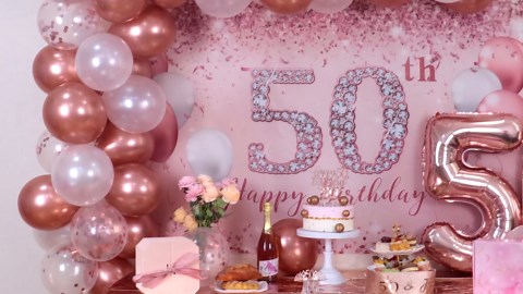 Trgowaul 50th Birthday Decorations Balloon Set Women's Arch, Rose Gold 50th Birthday Banner and Party Tablecloth, Belt and Tiara, Pink Gold 50th Balloon, Pink Birthday Cake Top, Latex Balloon * 60