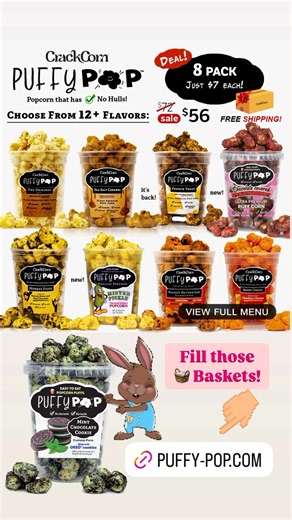 Fill those baskets with🍿Puffy Pop! It’s better than other types of popcorn. That’s because there are ✅ No Kernels and ✅ No Hulls, so they’re easy to eat and nothing gets stuck in your teeth! Check out this incredible lineup of flavors🤩🤩 AND YES! THEY’RE ON SALE with 🎁 FREE SHIPPING too! 🍿 AVAILABLE FLAVORS: 🧈 The Original 🍮 Sea Salt Caramel 🍞 French Toast 🍪 Cookies & Creme 🧀 Sweet Cheese 🥜Peanut Butter Cup 🍌 Monkey Puffs 🎂 Birthday Cake 🍗 Bangin’ BBQ 🧈 Light Butter 🥵 Spicy Taco �