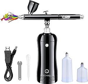 YYMALL Airbrush Kit,Dual Action Air Brush Gun Set Mini Handheld Compressor Airbrush,Portable Cordless Handheld Auto-Airbrush for Painting,Nail Art,Tattoo,Cake and Model Painting(Black)