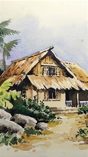 📌 Thatched Roof House Watercolour Landscape Painting