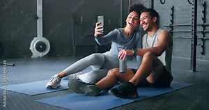 Selfie, fitness and couple training with a phone, happy with workout and smile for exercise at the gym. Wellness, photo and man and woman with love for sports and live streaming on social media