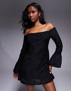 ASOS DESIGN bardot mini dress in devore with contrast puff cuff sleeves in black | ASOS