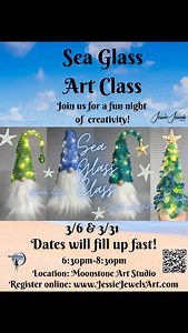 I'm am excited to back teaching classes! Here are the upcoming class dates! Tickets are now on sale. These will fill up quickly so register soon to secure your seats. Www.JessieJewelsArt.com/classes Warwick Events – Moonstone Art Studio 3/6 – Sea Glass Gnome, Tree or Angel 3/20 – Resin Jewelry with Real Dried Flowers 3/31- Sea Glass Gnome, Tree or Angel Narragansett Events – George’s of Galilee 3/11 – Sea Glass Gnome, Tree or Angel Links in bio Class calander | Jessie Jewels