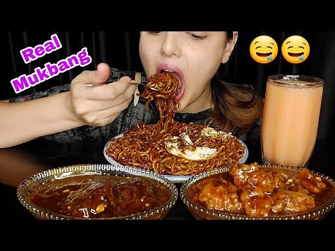 Real Mukbang:Cooking and Eating🥰 Korean black bean noodles , chicken manchurian and veg manchurian🤤