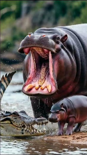 Epic Hippo Mother Saves Baby from Giant Crocodile! 🐊🦛 | Incredible African Wildlife #animalshorts
