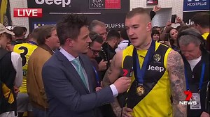 ICYMI: "[Celebrations] will be large. They'll be very, very large" - Dustin Martin talks with Mark Stevens in the Richmond room after today's Grand Final win. More: https://yhoo.it/2xIkK61 #7News | 7NEWS Melbourne