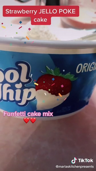 Funfetti Jello Poke Cake with Strawberry Jam and Cool Whip
