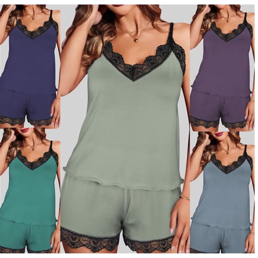Lace Cami Pajama Set for Women – Soft Sleepwear Shorts, Adjustable Straps, Elegant Lace Trim, Sage & Blue Tones - Etsy