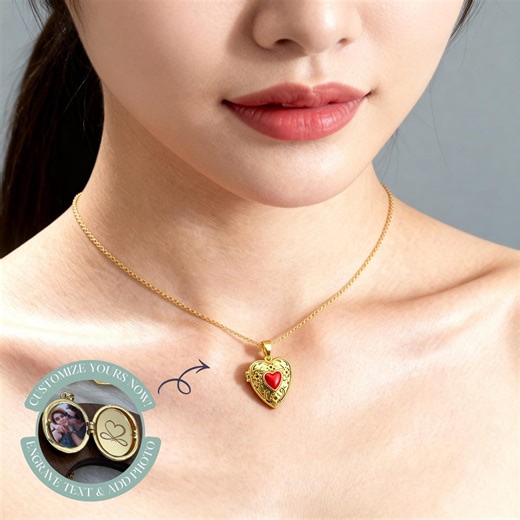 Red Heart Photo Locket Necklace, Vintage Floral Gold Heart Locket Pendant, Personalized Keepsake Gift for Her - Etsy