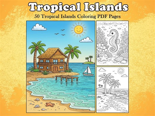 Tropical Island Coloring Book | Beach & Ocean Scenes Printable | Summer Vacation Coloring Pages - Etsy