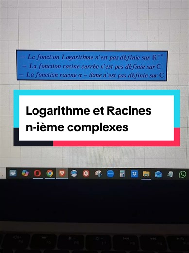 On explique un point à clarifier sur la notion de logarithme complexe, racine carrée complexe et racine n-ième complexe. On aborde la forme exponentielle d'un nombre complexe et l'argument principal au passage. Erratum: La racine carrée principale est une bijection de C sur son image, le demi-plan complexe Rez>0 U la demi droite imaginaire positive. Et non de C dans C. #complexe #logarithme #racine