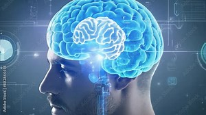 a technological design with a background in medicine placed over a masculine physique with a prominent brain,