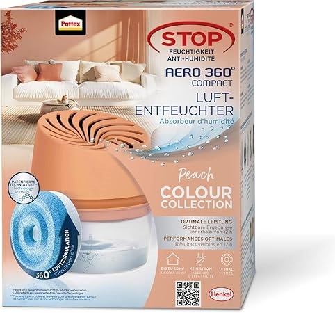 Pattex AERO 360° Kompakt Luftentfeuchter Peach Colour Collection, 1 Gerät inkl. 1 Nachfülltab, Raumentfeuchter für effektive Luftzirkulation, Raumluftentfeuchter reduziert Luftfeuchtigkeit