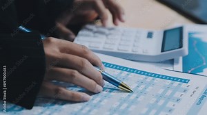 Asian accountant working and analyzing financial reports project accounting with chart graph in modern office, finance and business concept. Stock Video