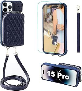 MONASAY Zipper Wallet Case Compatible for iPhone 15 Pro,[Glass Screen Protector ][RFID Blocking] Flip Leather Handbag Phone Cover with Card Holder and Detachable Crossbody Lanyard Strap, Dark Blue