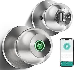 Keyless Entry Door Knob, Smart Fingerprint Door Lock with App Control & Backup Keys, Biometric Door Lock with Auto-Lock, Thumbprint Door Knob for Bedroom, Home, Office, Apartment-Brushed Silver