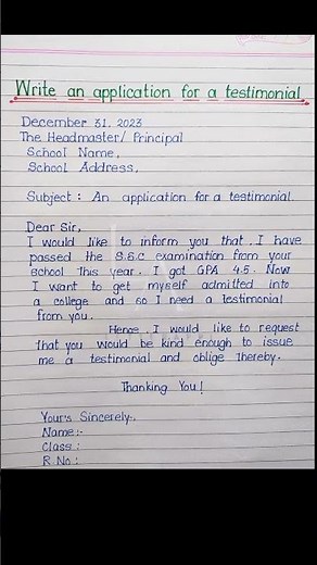 Application to principal for testimonial | Application for testimonial #applicationtoheadmaster