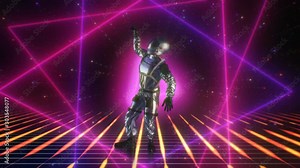 Retro-futuristic 80s CG Astronaut dancing on Disco Neon Lights background Stage. Modern Moves footage for your event, concert, stage design, editors and VJ for led screens and projection mapping show